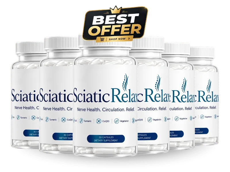 SciaticRelax six bottle complete protocol kit, teal and gold packaging