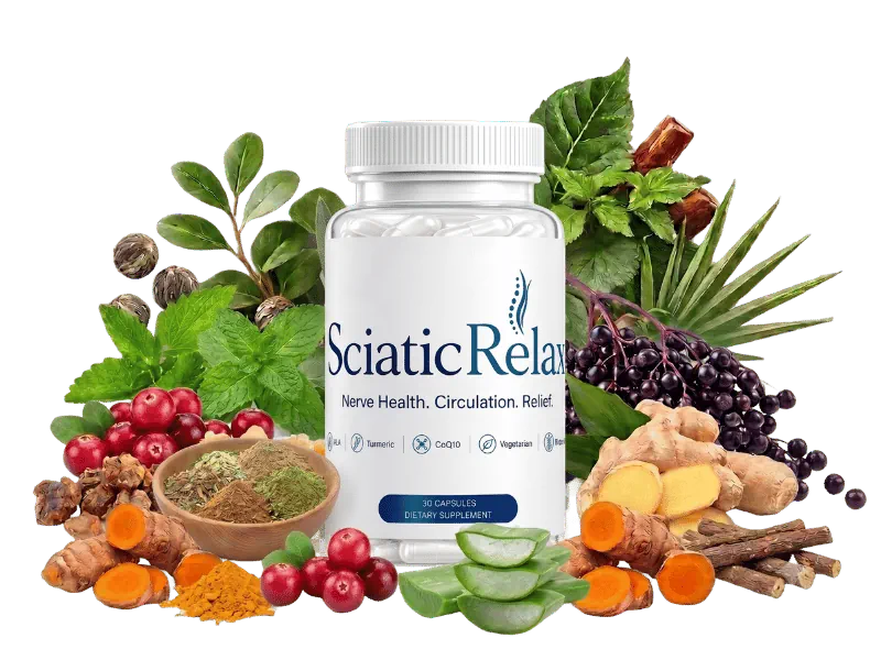 SciaticRelax teal and gold bottle, a natural sciatic nerve and lower back support supplement